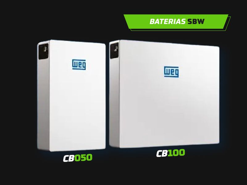 Baterias WEG SBW CB050 e SBW CB100 para armazenamento de energia em sistemas fotovoltaicos híbridos e BESS, com design modular, integração aos inversores híbridos WEG e aplicações residenciais, comerciais, agro e industriais.