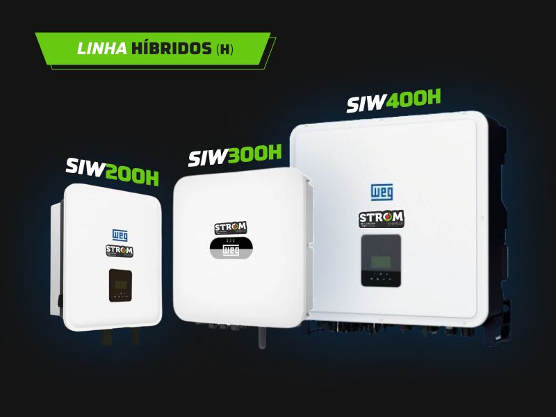 Inversores Híbridos WEG SIW200H, SIW300H e SIW400H para sistemas fotovoltaicos com armazenamento em baterias, aplicações residenciais, comerciais, agro e industriais.